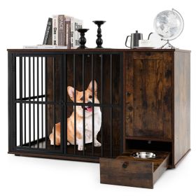 Coffee 2-in-1 Dog Crate End Table with Pull-Out Feeder, Chew-Resistant Metal Tube Pet Furniture for Small & Medium Dogs