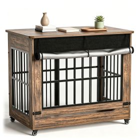 46" Large Dog Crate Furniture, Double Door Wooden Indoor Dog Kennel Furniture (Color: RUSTIC-BROWN)