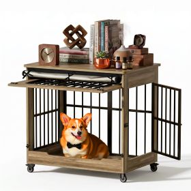 32" Dog Crate Furniture, Double Door Wooden Indoor Dog Kennel Furniture (Color: GREIGE)